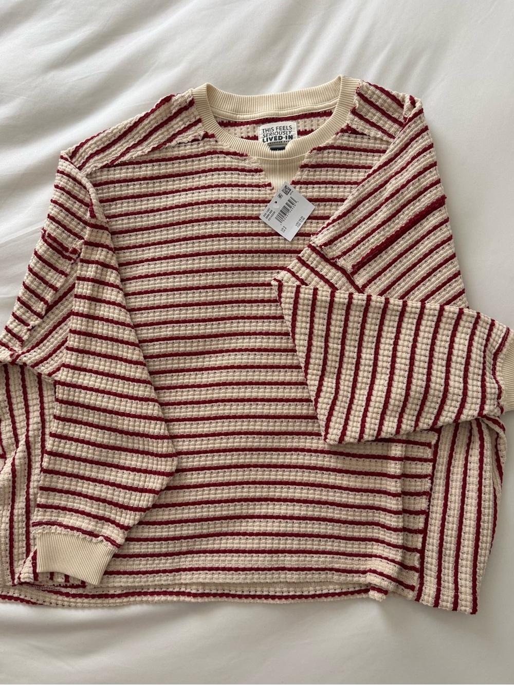 American Eagle Outfitters Cream & Burgundy Striped Waffle Crewneck